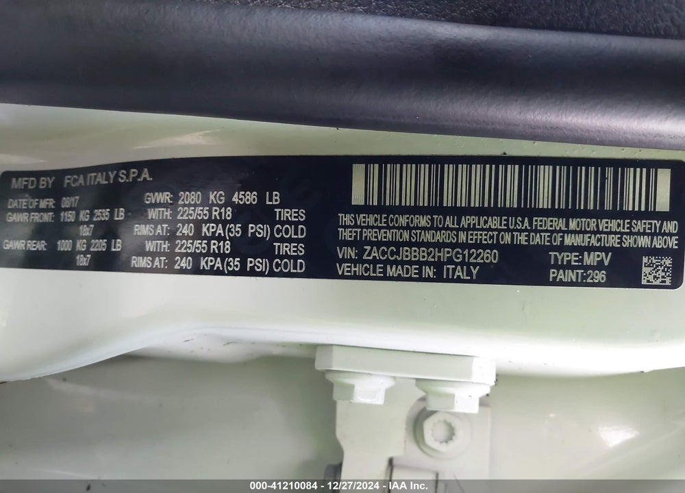 2017 JEEP RENEGADE ALTITUDE 4X4 VIN: ZACCJBBB2HPG12260