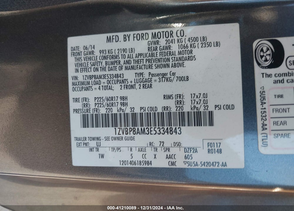 2014 FORD MUSTANG VIN: 1ZVBP8AM3E5334843
