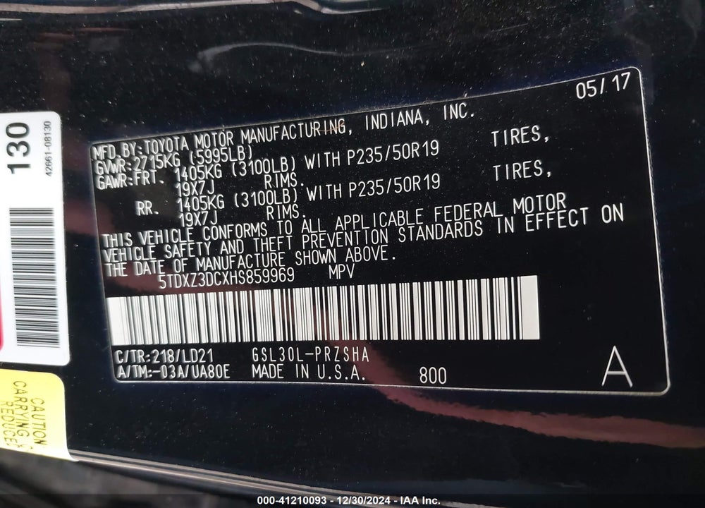 2017 TOYOTA SIENNA SE VIN: 5TDXZ3DCXHS859969