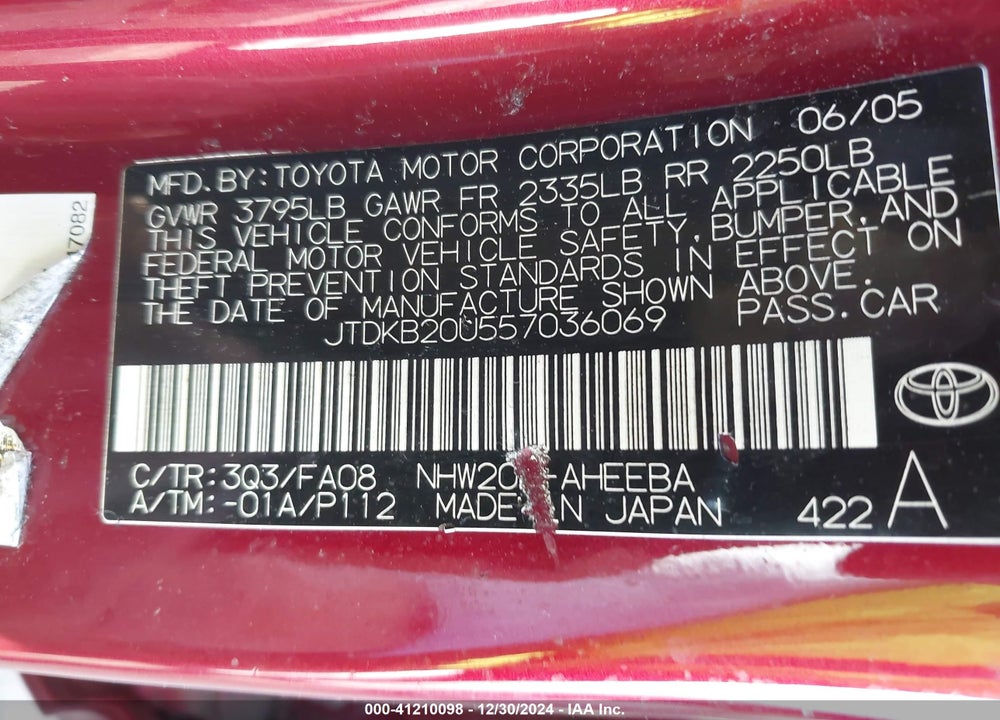 2005 TOYOTA PRIUS VIN: JTDKB20U557036069