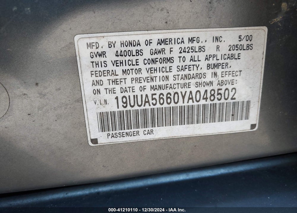 2000 ACURA TL 3.2 VIN: 19UUA5660YA048502