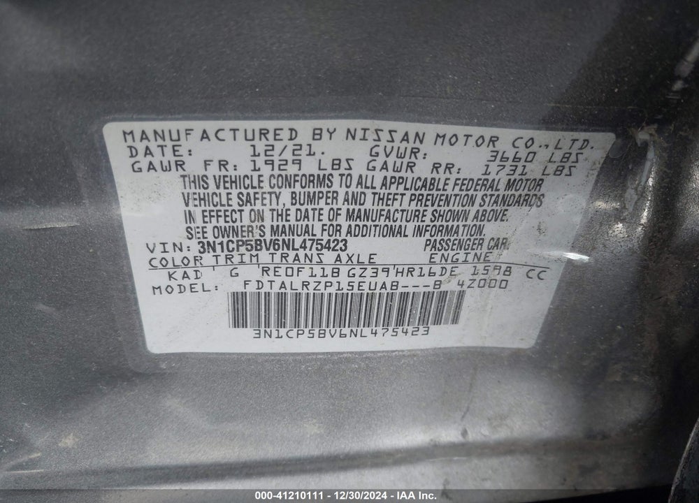 2022 NISSAN KICKS S XTRONIC CVT VIN: 3N1CP5BV6NL475423