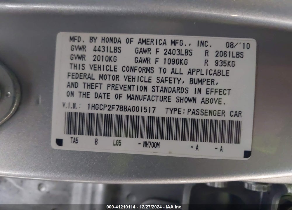 2011 HONDA ACCORD 2.4 EX VIN: 1HGCP2F78BA001517