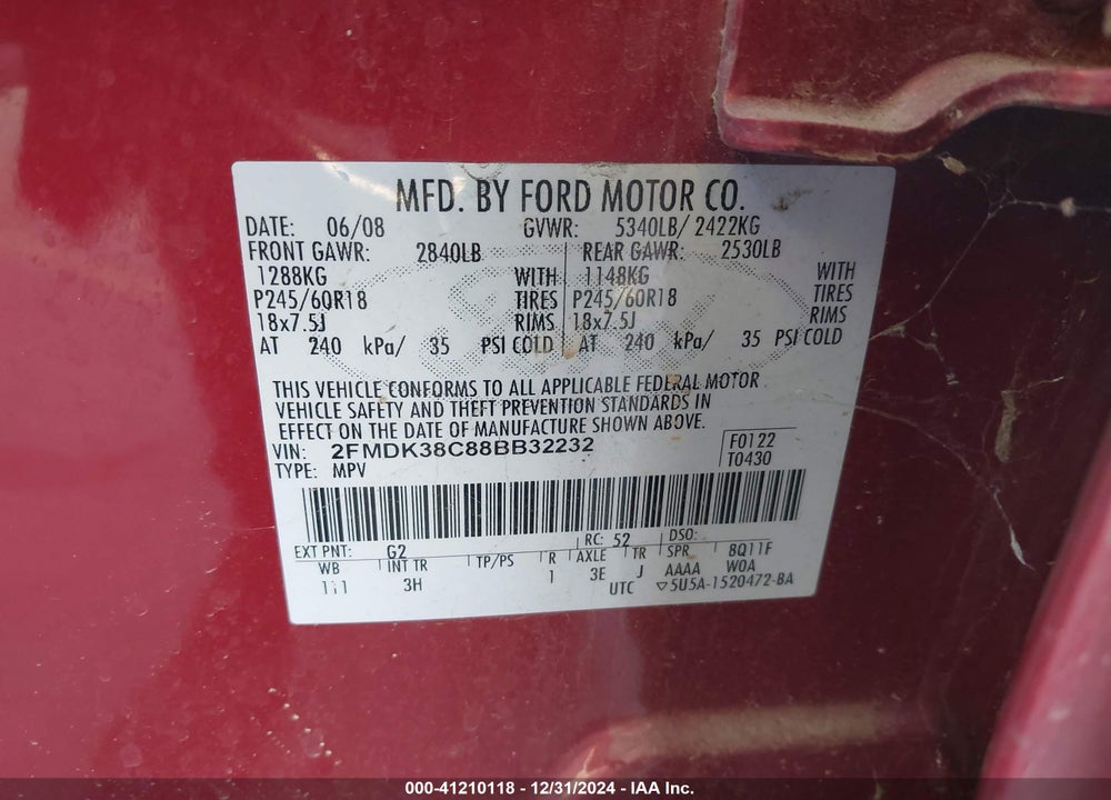 2008 FORD EDGE SEL VIN: 2FMDK38C88BB32232