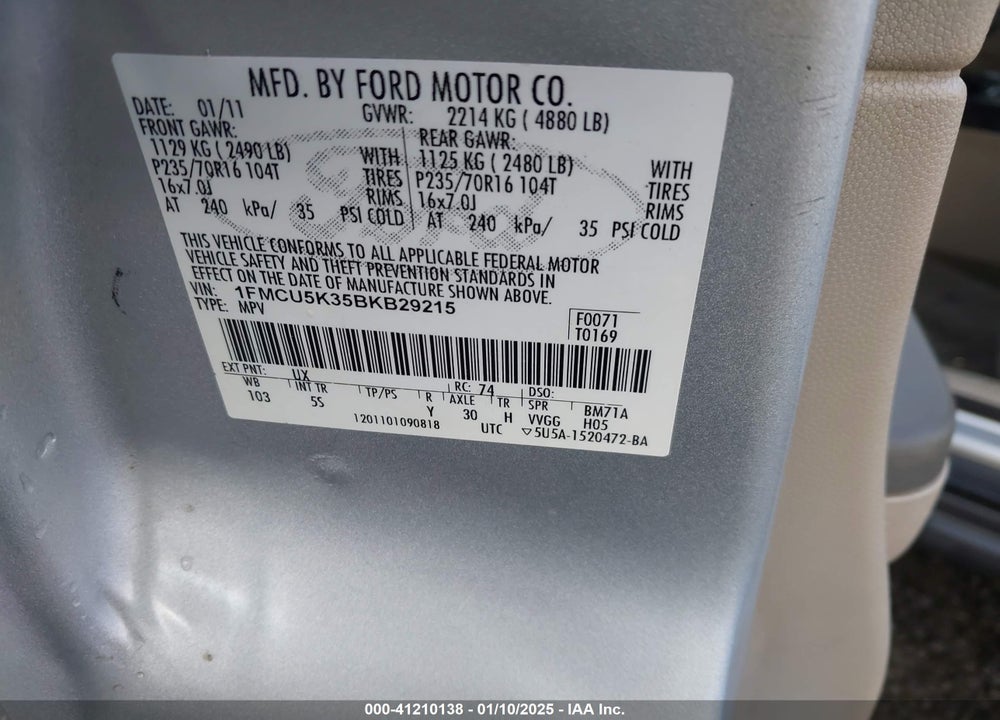 2011 FORD ESCAPE HYBRID VIN: 1FMCU5K35BKB29215