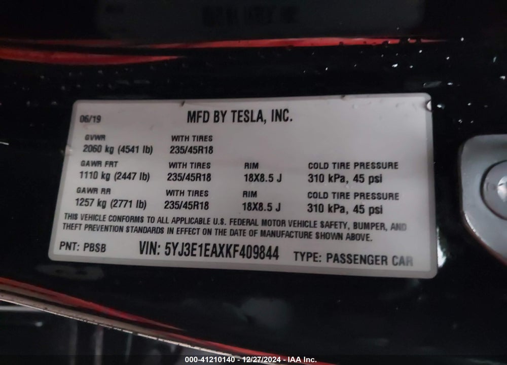 2019 TESLA MODEL 3 VIN: 5YJ3E1EAXKF409844
