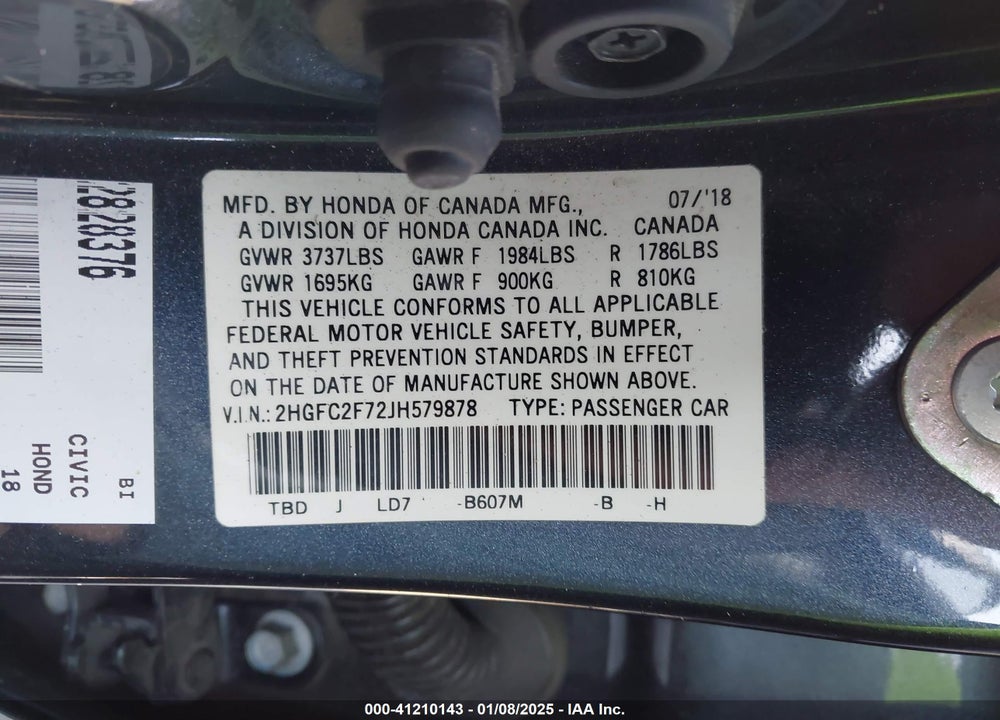 2018 HONDA CIVIC VIN: 2HGFC2F72JH579878