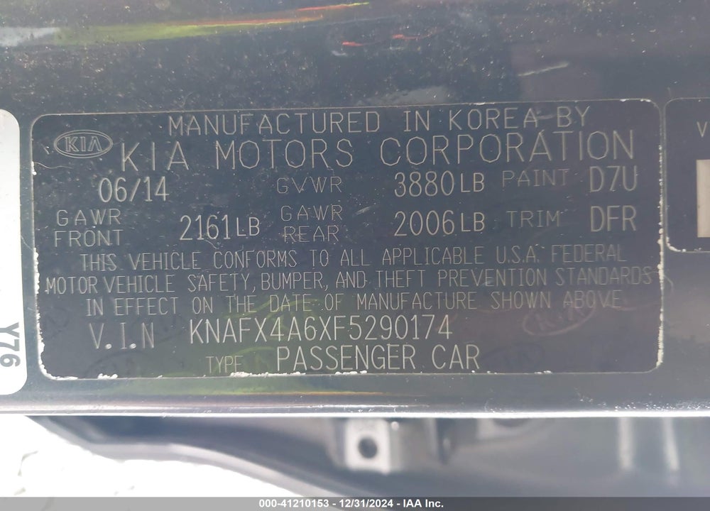 2015 KIA FORTE VIN: KNAFX4A6XF5290174