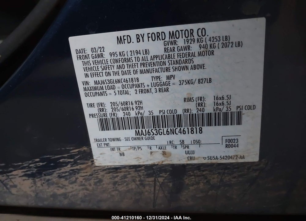 2022 FORD ECOSPORT SE VIN: MAJ6S3GL6NC461818