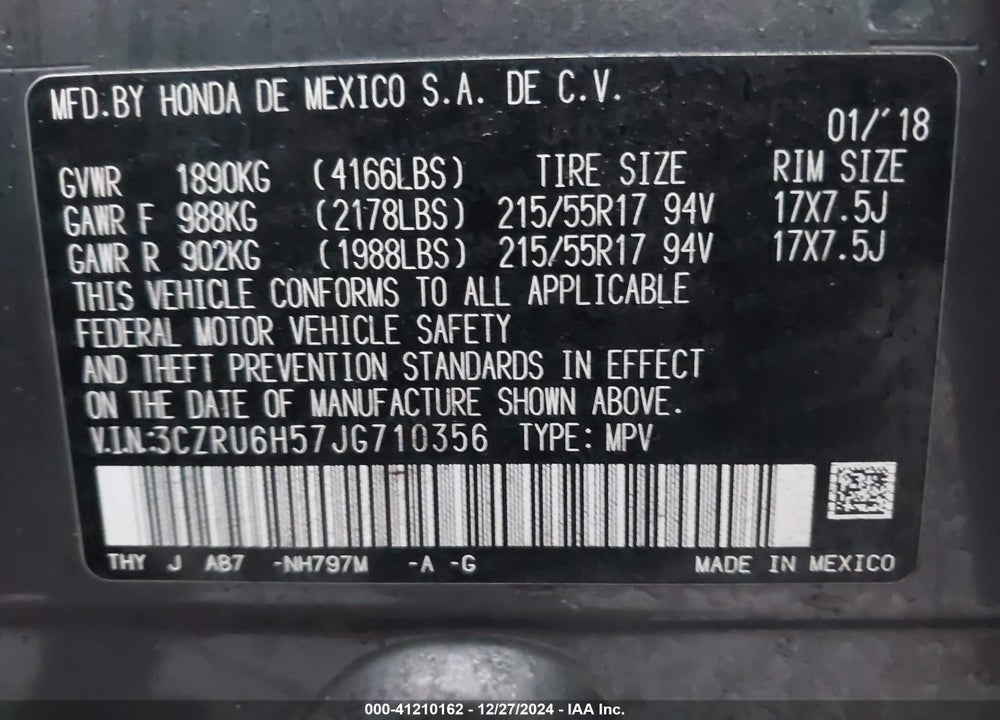 2018 HONDA HR-V EX VIN: 3CZRU6H57JG710356