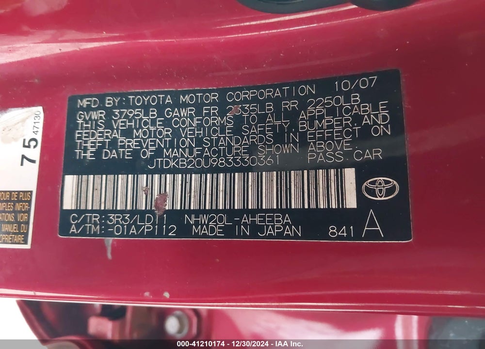 2008 TOYOTA PRIUS VIN: JTDKB20U983330361
