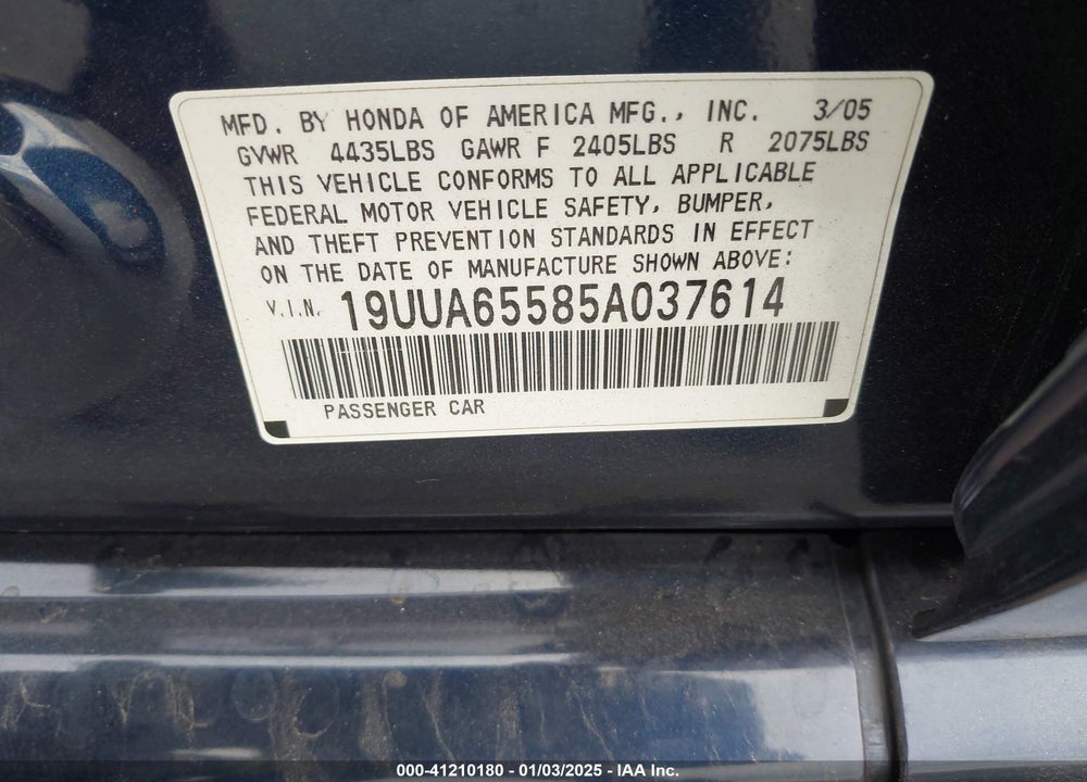 2005 ACURA TL VIN: 19UUA65585A037614