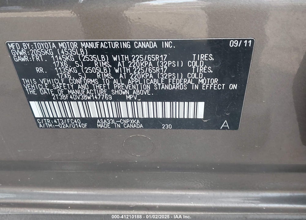 2011 TOYOTA RAV4 VIN: 2T3BF4DV3BW147769