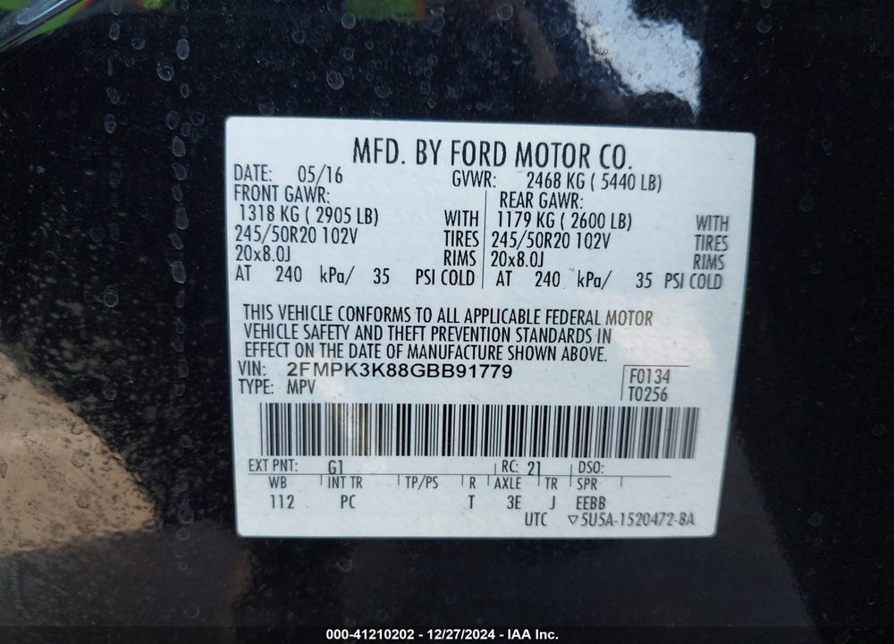 2016 FORD EDGE TITANIUM VIN: 2FMPK3K88GBB91779