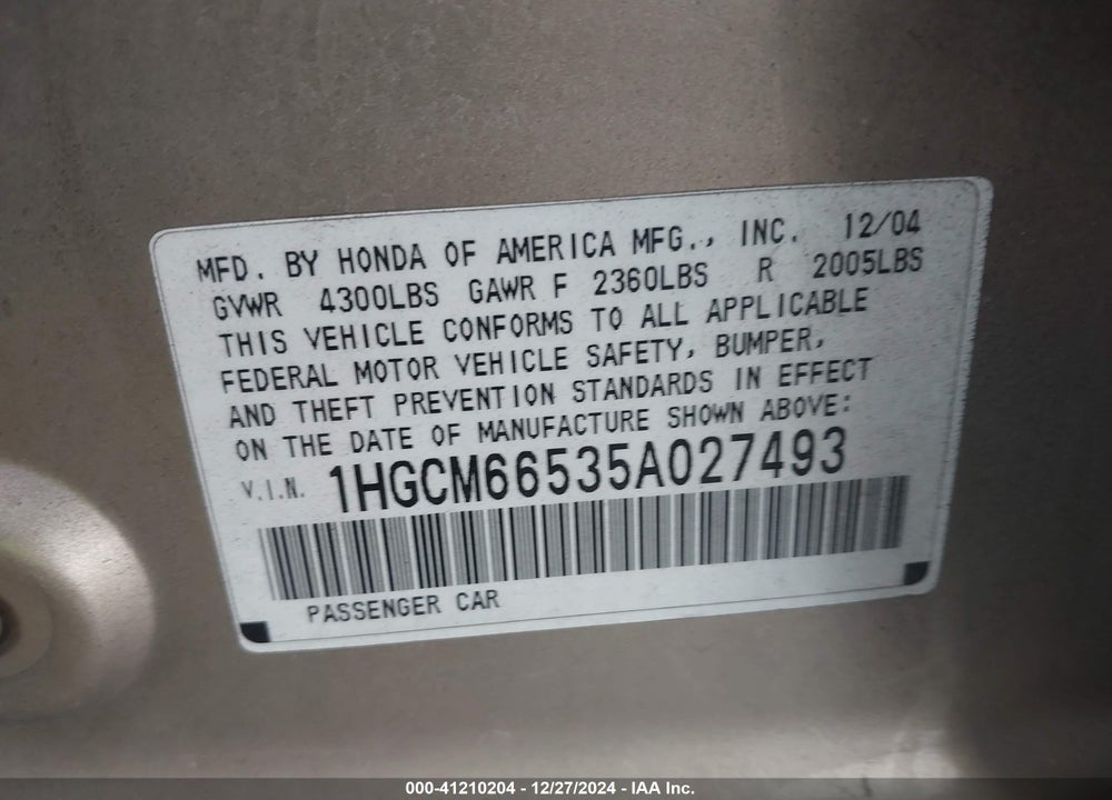 2005 HONDA ACCORD 3.0 EX VIN: 1HGCM66535A027493