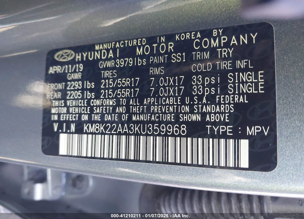 2019 HYUNDAI KONA SEL VIN: KM8K22AA3KU359968