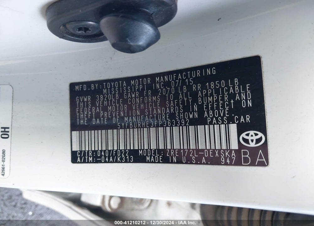 2015 TOYOTA COROLLA VIN: 5YFBURHE3FP363392