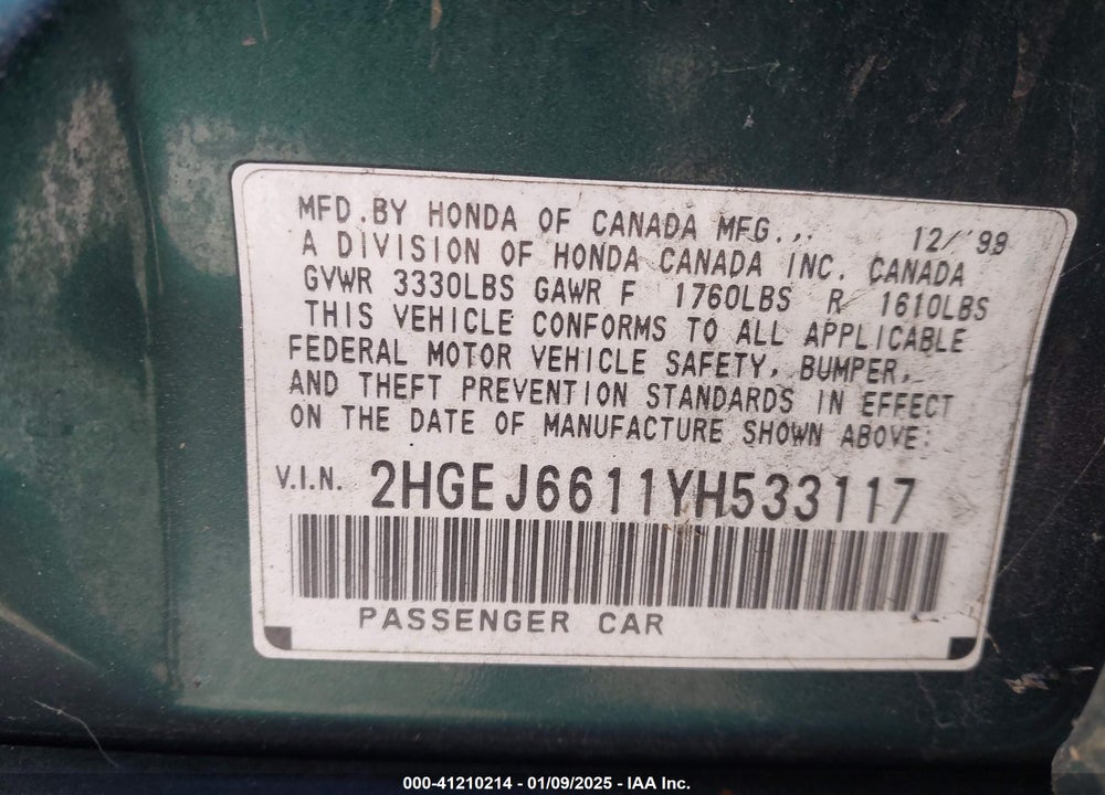 2000 HONDA CIVIC VALUE PACKAGE VIN: 2HGEJ6611YH533117