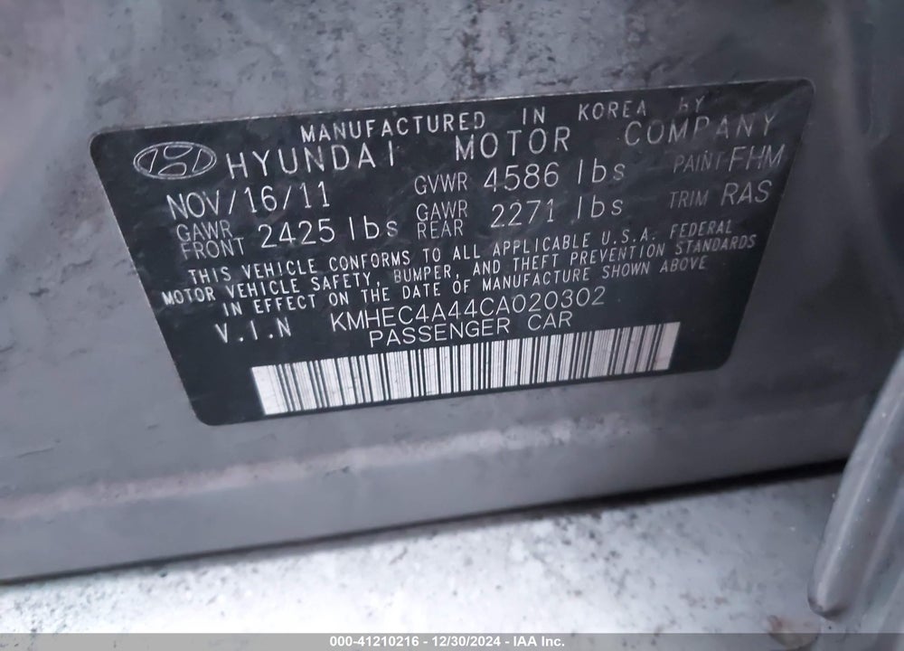 2012 HYUNDAI SONATA VIN: KMHEC4A44CA020302