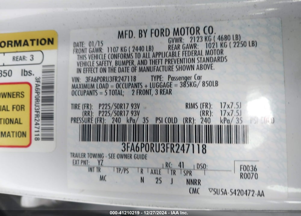 2015 FORD FUSION HYBRID VIN: 3FA6P0RU3FR247118