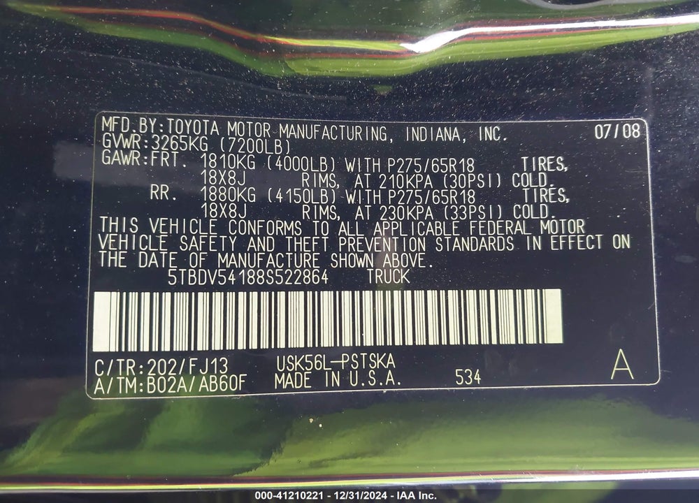 2008 TOYOTA TUNDRA SR5 5.7L V8 VIN: 5TBDV54188S522864