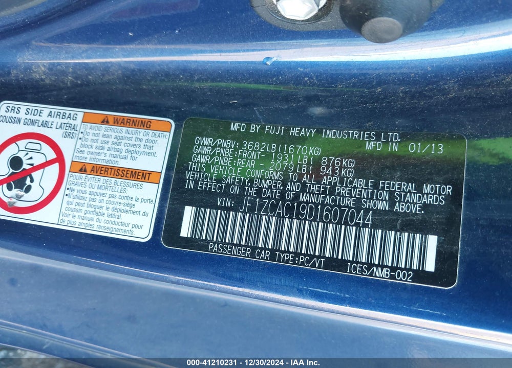 2013 SUBARU BRZ VIN: JF1ZCAC19D1607044