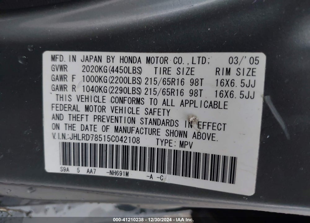 2005 HONDA CR-V LX VIN: JHLRD78515C042108