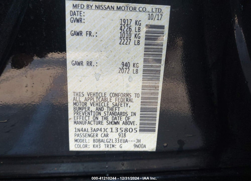 2018 NISSAN ALTIMA VIN: 1N4AL3AP4JC135805