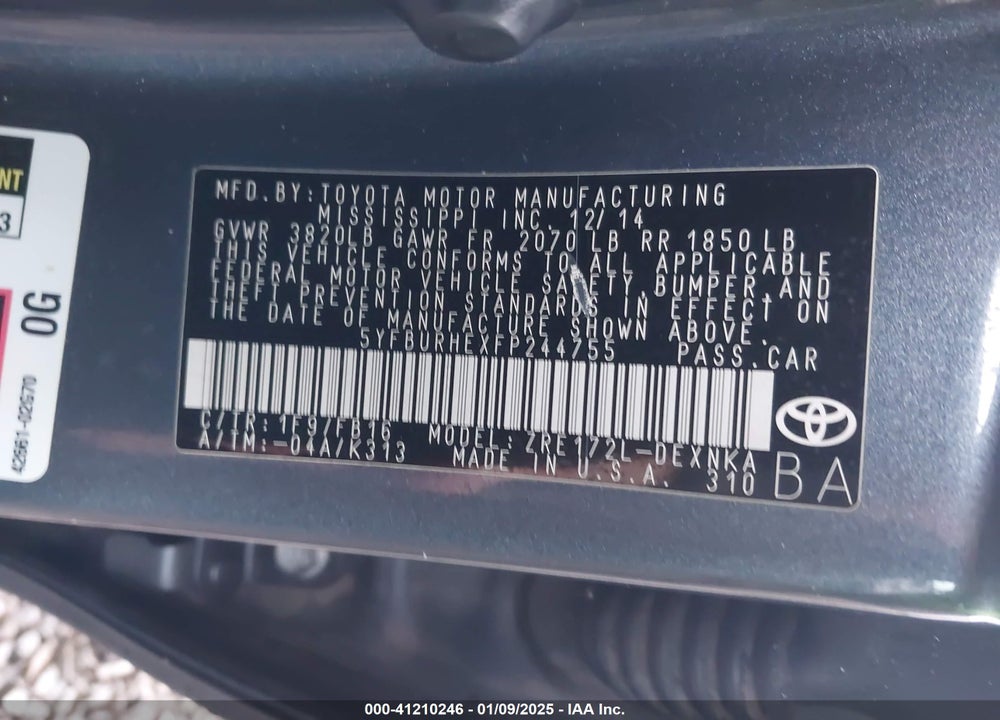 2015 TOYOTA COROLLA VIN: 5YFBURHEXFP244755