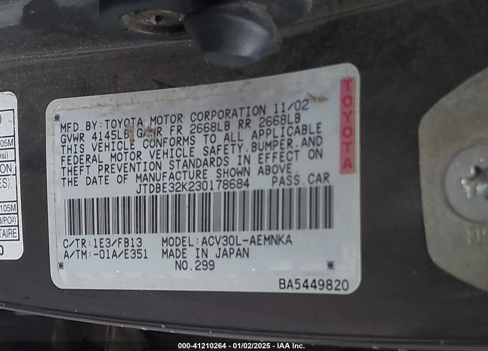 2003 TOYOTA CAMRY LE VIN: JTDBE32K230178684