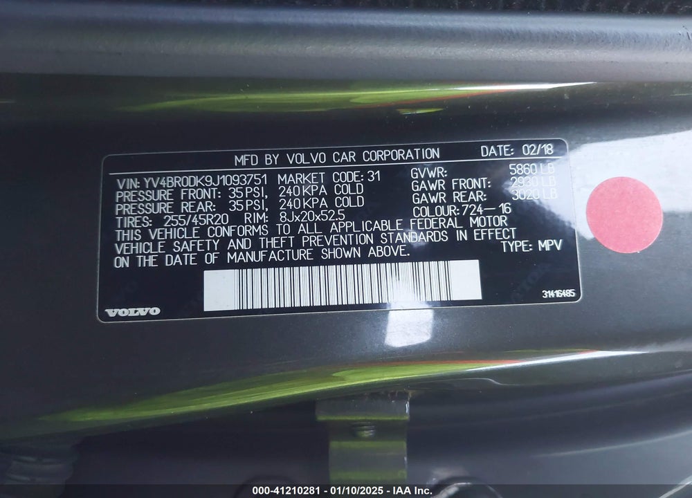 2018 VOLVO XC60 HYBRID VIN: YV4BR0DK9J1093751