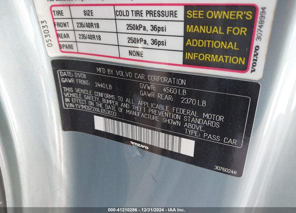 2008 VOLVO C70 VIN: YV1MC672X8J053033