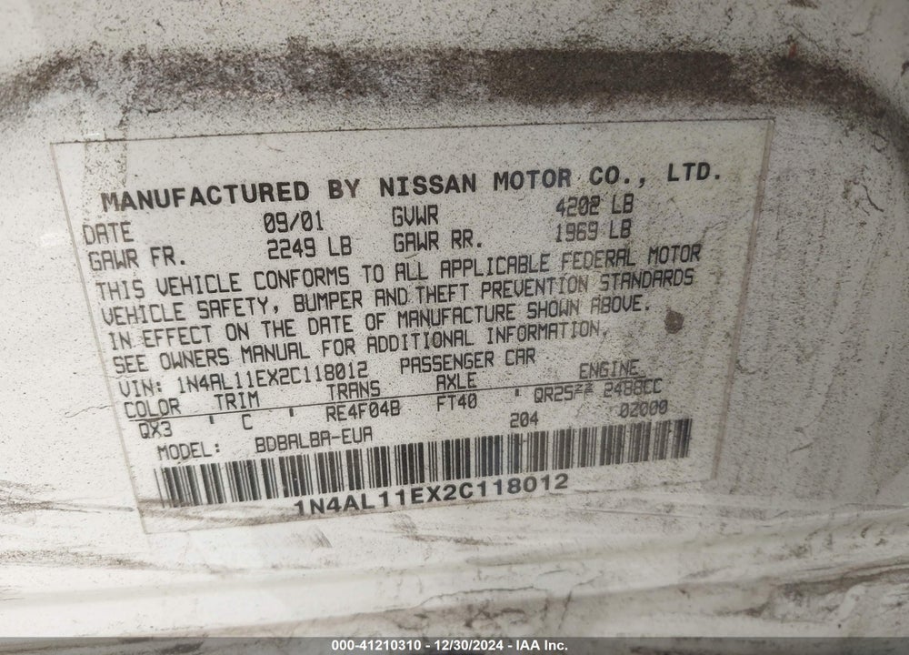 2002 NISSAN ALTIMA S/SL VIN: 1N4AL11EX2C118012