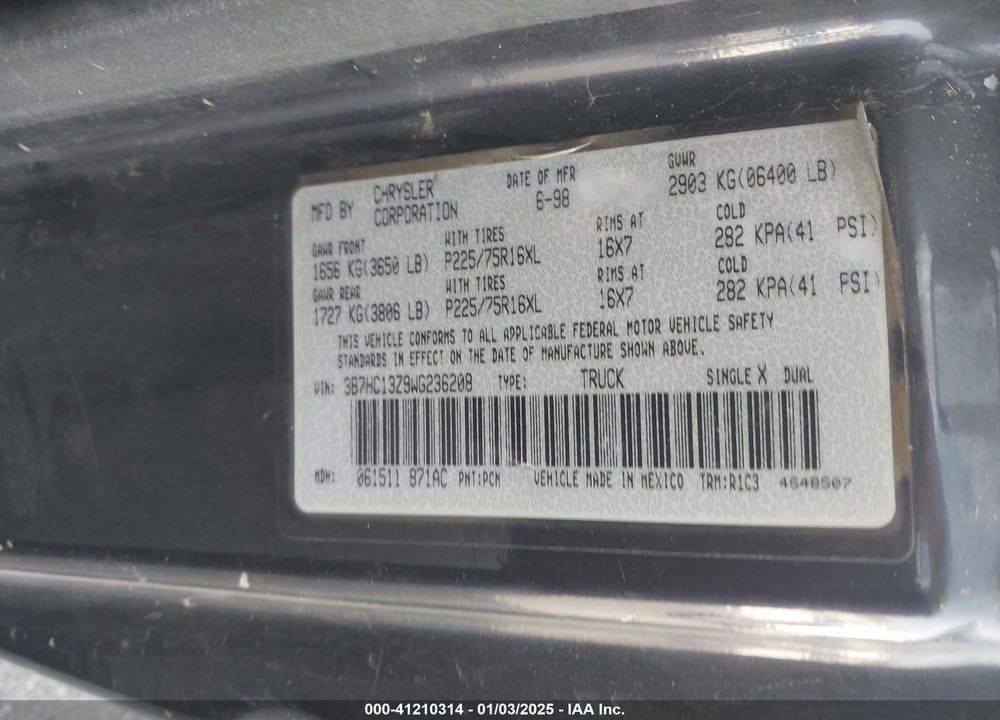1998 DODGE RAM 1500 ST VIN: 3B7HC13Z9WG236208