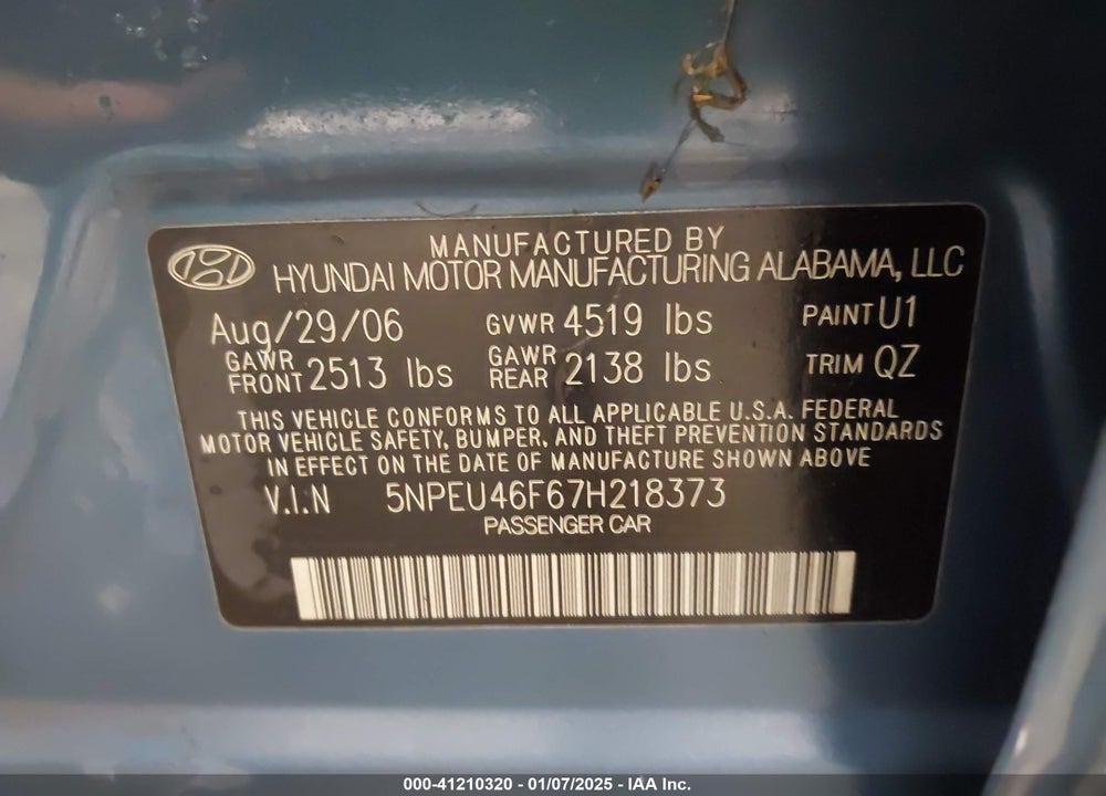 2007 HYUNDAI SONATA VIN: 5NPEU46F67H218373