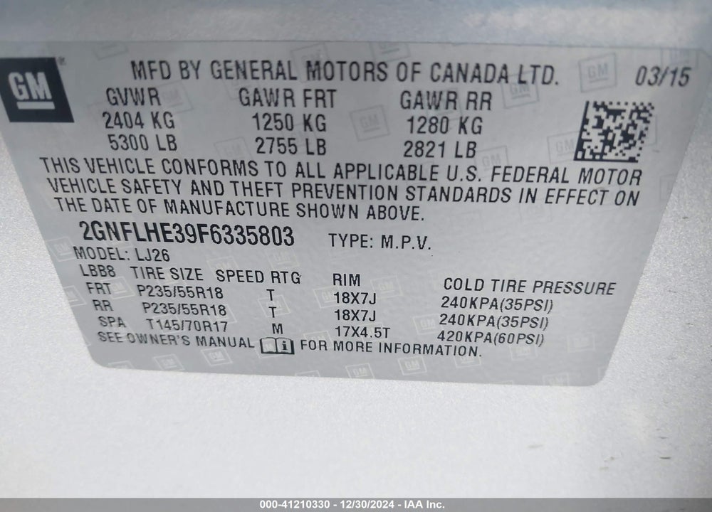 2015 CHEVROLET EQUINOX LTZ VIN: 2GNFLHE39F6335803