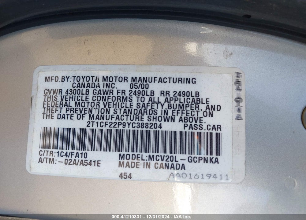 2000 TOYOTA CAMRY SOLARA SE VIN: 2T1CF22P9YC388204