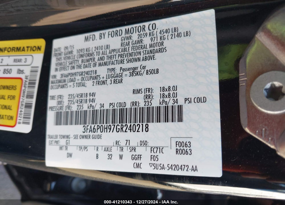 2016 FORD FUSION VIN: 3FA6P0H97GR240218