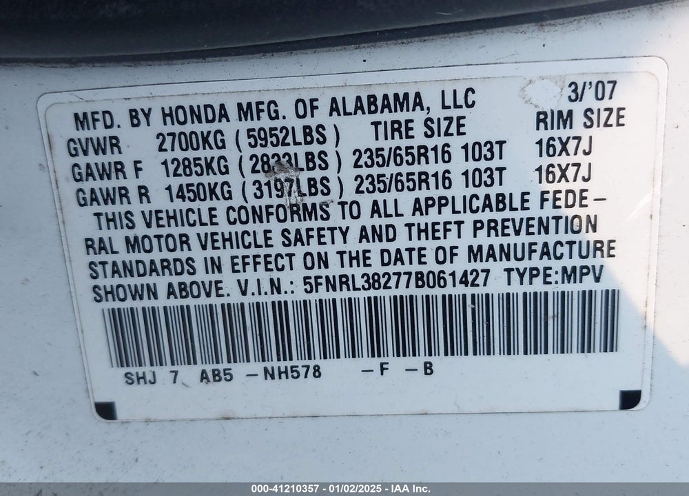 2007 HONDA ODYSSEY LX VIN: 5FNRL38277B061427