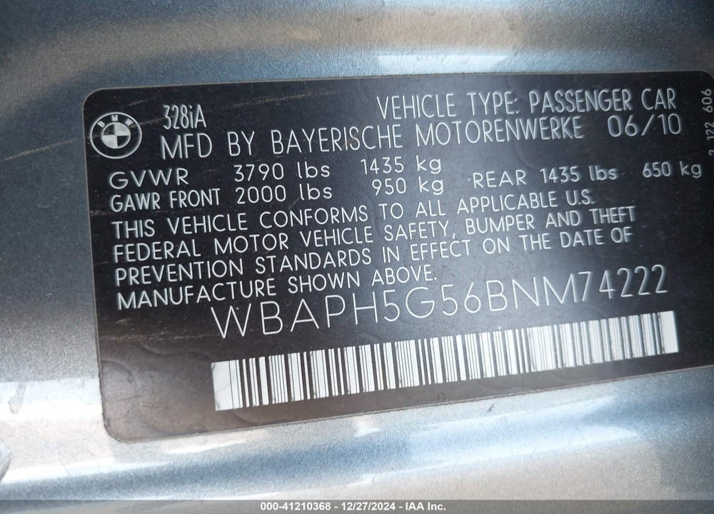 2011 BMW 328I VIN: WBAPH5G56BNM74222