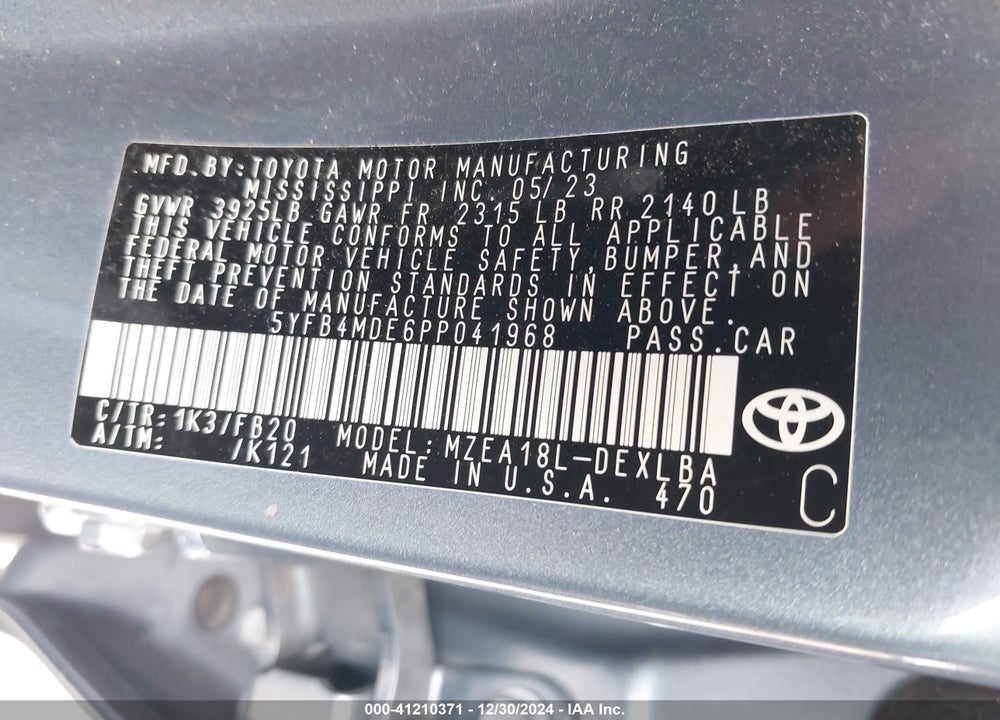 2023 TOYOTA COROLLA VIN: 5YFB4MDE6PP041968