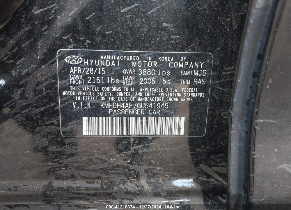 2016 HYUNDAI ELANTRA VIN: KMHDH4AE7GU541945