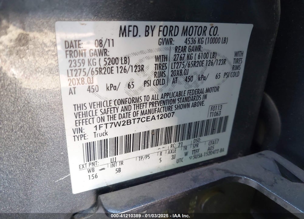 2012 FORD F-250 VIN: 1FT7W2BT7CEA12007