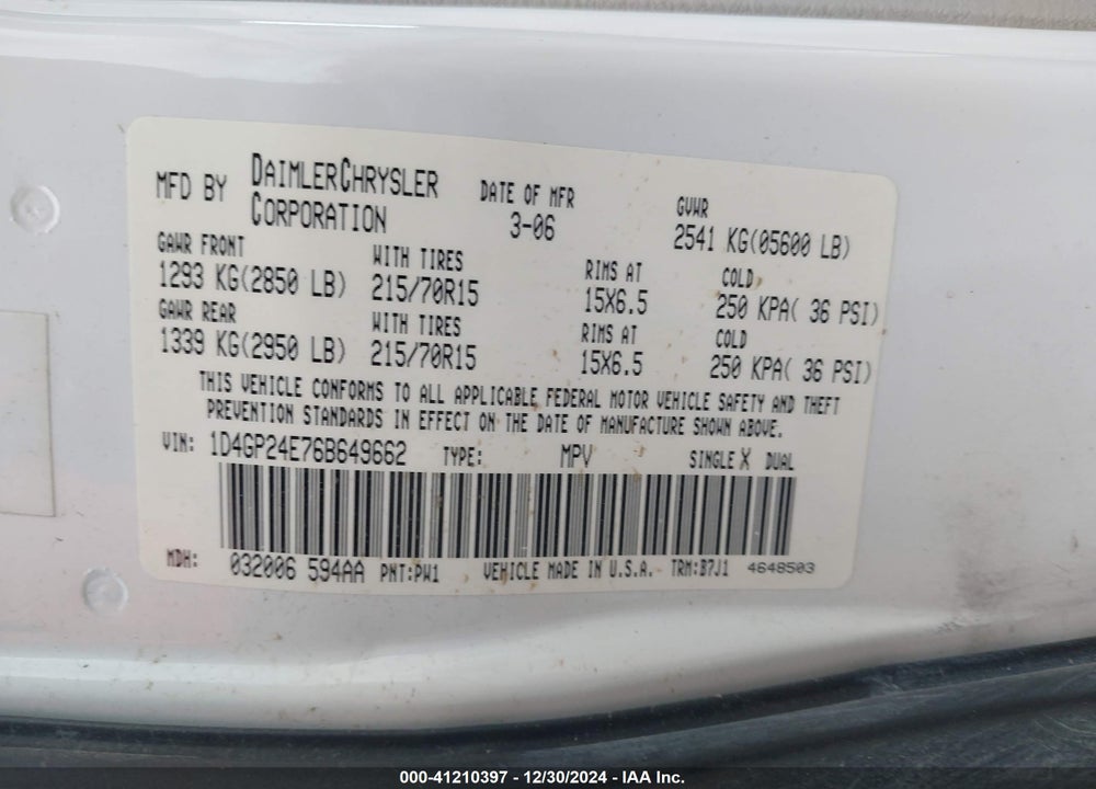 2006 DODGE GRAND CARAVAN SE VIN: 1D4GP24E76B649662