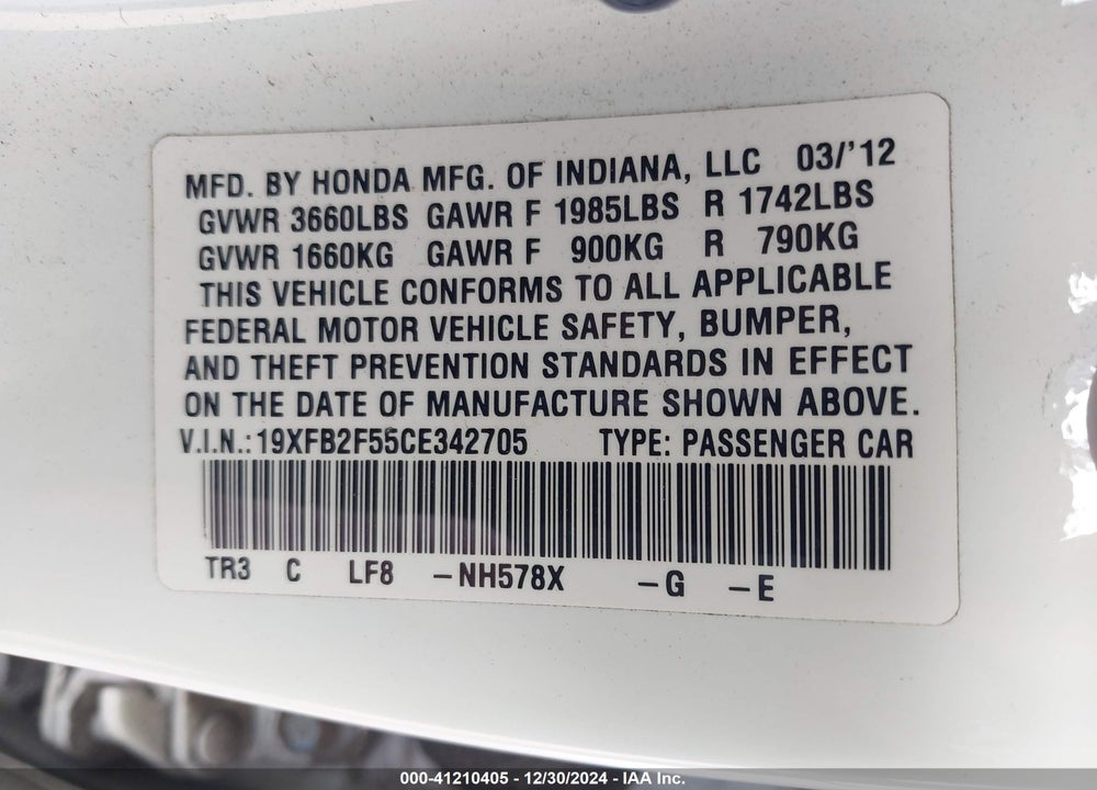 2012 HONDA CIVIC SDN LX VIN: 19XFB2F55CE342705