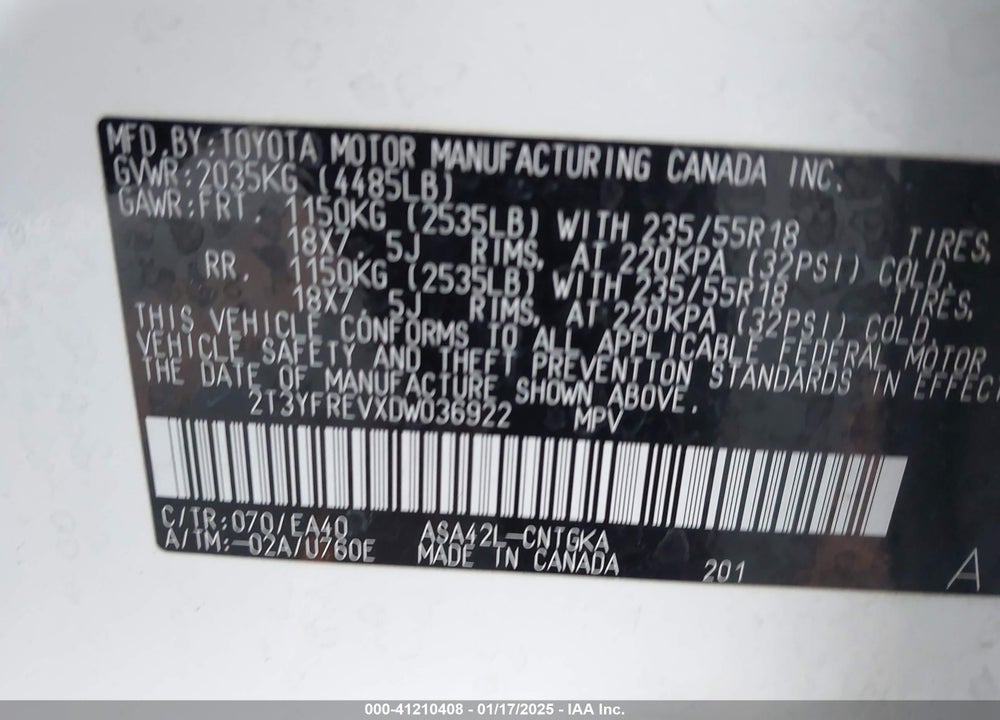 2013 TOYOTA RAV4 LIMITED VIN: 2T3YFREVXDW036922