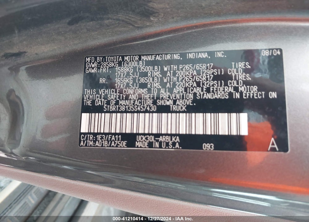 2005 TOYOTA TUNDRA LTD V8 VIN: 5TBRT38135S457430
