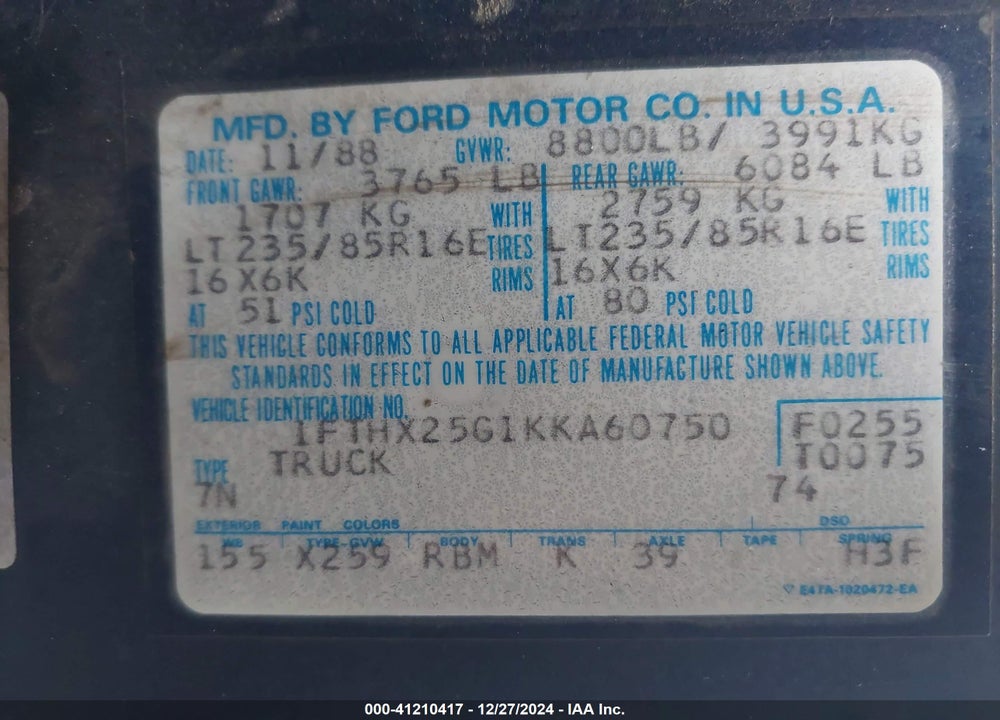 1989 FORD F250 VIN: 1FTHX25G1KKA60750
