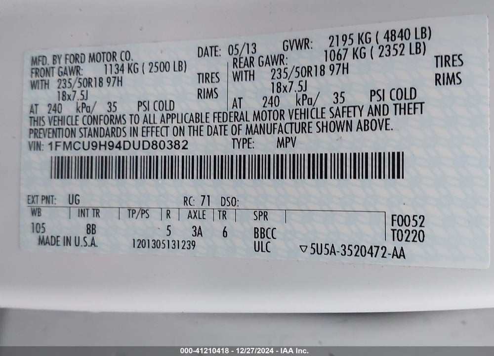 2013 FORD ESCAPE SEL VIN: 1FMCU9H94DUD80382