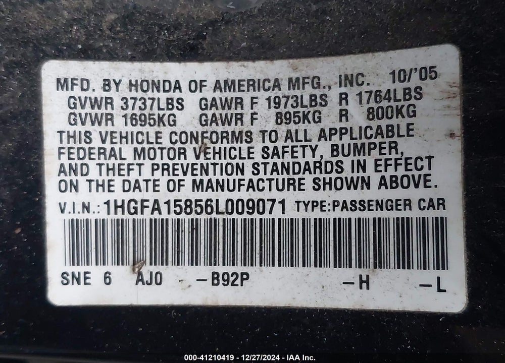 2006 HONDA CIVIC VIN: 1HGFA15856L009071